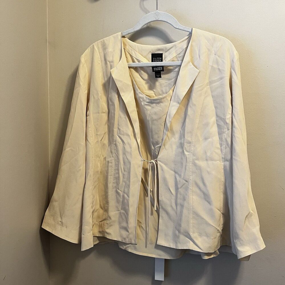 Eileen Fisher 2 Pc Woman 100% Silk Tank Top W Silk Ivory Scoop Neck & Duster XL
